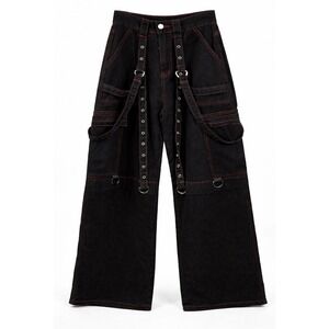 Tripp NYC Super Stud Bondage Pants Black Red Stitch Strap Cargo Wide Leg Goth